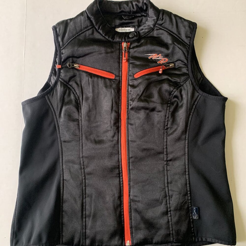 Harley Davidson Black Satin Riding GearVest Women’s Size L Orange Zipper Accents